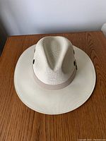 Front angle view of the Panama style Rocha hat showing the woven straw material, wide brim, crown shape, beige band, and ventilation eyelets.