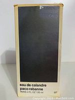 Front of box for Eau de Calandre Paco Rabanne showing size 4 FL OZ 120 ml and brand text.
