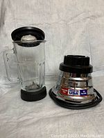 Waring Pro blender base and glass container with lid shown separately