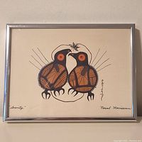 Full view of the framed print showing two stylized birds in traditional Indigenous style with title and signature visible.