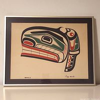 Full view of framed Tony Hunt Whale print with clear view of artwork and frame.