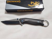 Photo of Browning knife on box showing folded knife with logo on handle and black blade.