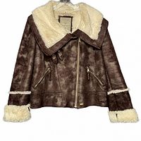 Front view of brown Guess jacket with large cream shearling collar, zipped up, showing faux leather texture and cuffs with shearling trim.