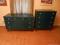 Front view of the dresser and chest showing overall look, color, and cabinetry style.