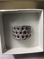 Front view of wide band ring with multiple round Rhodolite garnet stones set in 14k white gold plated over 925 sterling silver, in white jewelry box.