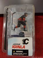 Front view of Jarome Iginla collectible figurine in original plastic and cardboard packaging showing player in Calgary Flames uniform with hockey stick.
