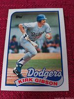 Photo of a Topps baseball card featuring Kirk Gibson in Dodgers uniform.