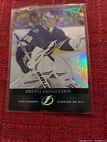 Holographic Upper Deck hockey card of Andrei Vasilevskiy in Tampa Bay Lightning gear, placed on red fabric background.