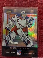 Clear image of Henrik Lundqvist Upper Deck hockey card showing holographic background, New York Rangers uniform, and card text.