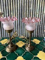 Pair of pink glass globe lamps with brass-tone metal bases on green and yellow patterned cloth, set against a corrugated metal background, showing front view.
