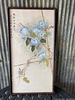 Full view of framed vintage Asian painting showing morning glory flowers, bamboo, and calligraphy.
