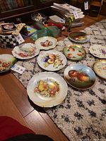 Nine vintage decorative plates placed on carpet and wood floor with fruits and flowers designs in various styles and hand painted details