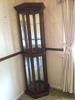 Full view of the tall wooden curio cabinet with glass panels on all sides, showing hexagonal shape and placement in room corner.