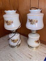 Pair of matching vintage glass globe lamps with floral patterns and cords visible, placed on a floor against a wood-paneled wall.