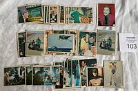 Top-side view showing 37 unique and duplicate Bat Laffs cards with front color images of Batman TV show scenes and characters.