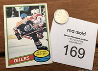 Front of 1980-81 OPC Wayne Gretzky Oilers hockey card shown next to a quarter for size.