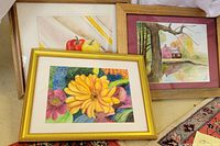 Three framed watercolor paintings by Elaine Stedman, showing peppers, flowers, and homestead scenes.