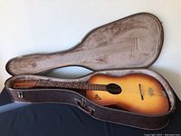 Guitar seated inside open plush-lined hard shell case