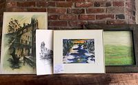 Four artworks including a colored painting on left, pencil drawing second to left, acrylic painting third to left, and green landscape painting on far right