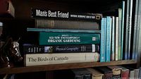 Books stacked on wooden shelf: including 'Man's Best Friend' National Geographic book, Rosalie's Encyclopedia of Organic Gardening, Physical Geography, and The Birds of Canada; small glazed ceramic horse figurine next to books.