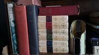 Photo of vintage books including The Ancient Highway and Readers Digest Bedside Library volumes on shelf