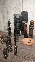 Overall arrangement of Mexican and African masks and carved figures showing variations in style and material