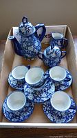 Full view of the tea set items in a tray, showing teapot, sugar bowl, cream pitcher, six cups and six saucers with blue and white speckled pattern.