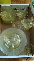 Box containing 8 yellow depression glass cups and saucers, and 4 luncheon plates, showing the full lot.