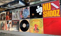Top photo shows 12 vinyl record albums with visible cover art including 'Nu Shooz'. Some album covers display signs of use.