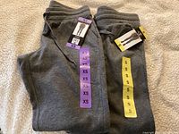 Two pairs of grey Champion sweatpants folded with tags visible, sizes XS and S shown on labels.
