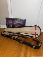 Full lot: violin in open case with bow and three album covers visible behind