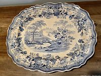 Top view of the blue flow antique porcelain platter showing detailed scenic and floral patterns.
