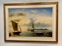 Full view of the framed oil painting showing large sailing vessels on calm water with cloudy sky.