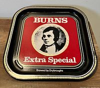 Front view of the vintage metal beer tray showing the full design including 'BURNS Extra Special', portrait of Robbie Burns, and 'Brewed by Drybroughs' text.