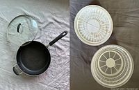 Jumbo cooker with glass lid shown with the salad spinner components including bowl, basket, and lid.