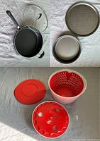 Top view showing frying pan with glass lid, cake pan, pizza pan; second image shows red and white salad spinner with two lids including storage lid