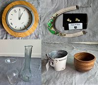 Photo showing all items together including wooden framed clock, green jewelry set, two glass vases, two plant pots