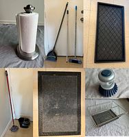 Photo collage showing the paper towel holder, broom, dustpan, extra handle, mop and bucket, welcome mat and boot tray, scrubbie brush, metal dish drainer and tray.
