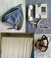 Four items shown: Disney single-strap backpack, vintage beige phone with handset, green plaid shower curtain, black reusable coffee filter basket.