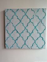 Front view of the framed acrylic painting showing teal/aqua geometric pattern on white background