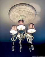 Chandelier mounted on ceiling with lit bulbs, showing four fabric lamp shades and crystal pendants with ceiling medallion.