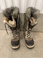 Front view of the pair of women's winter boots with lace-up front and fur trim.