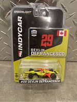 Front view of the Greenlight IndyCar #29 Devlin DeFrancesco diecast model in original packaging.