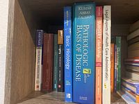 Photo shows 9 medical textbooks on a wooden shelf with titles including Internal Medicine, Surgery, Histology, Pathology Basis of Disease, Surgery Clerkship, and Legal Aspects of Health Care Administration.
