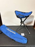 Photo of blue Shakespeare folding stool unfolded showing triangular seat and black metal legs, with blue carrying case beside it.