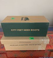 Two shoeboxes stacked, top box green with Roots logo and text 'City Feet Need Roots'. Bottom box is neutral kraft color with Asportugesas branding and patterns.