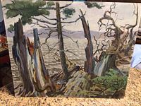 Front view of the oil painting showing stylized trees in a natural landscape scene.