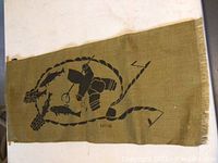 Photo showing the woven olive-green rug with a black indigenous style artwork by Kalvak. The design includes stylized animal figures within a circular shape and rope-like elements.