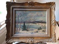 Framed oil painting on board showing a winter scene with snow and trees, signed Siemon in lower right.
