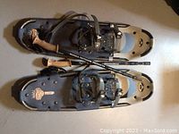 Top view of the pair of black and beige Winter Trail snowshoes with adjustable buckle bindings and the two trekking poles laid across them.